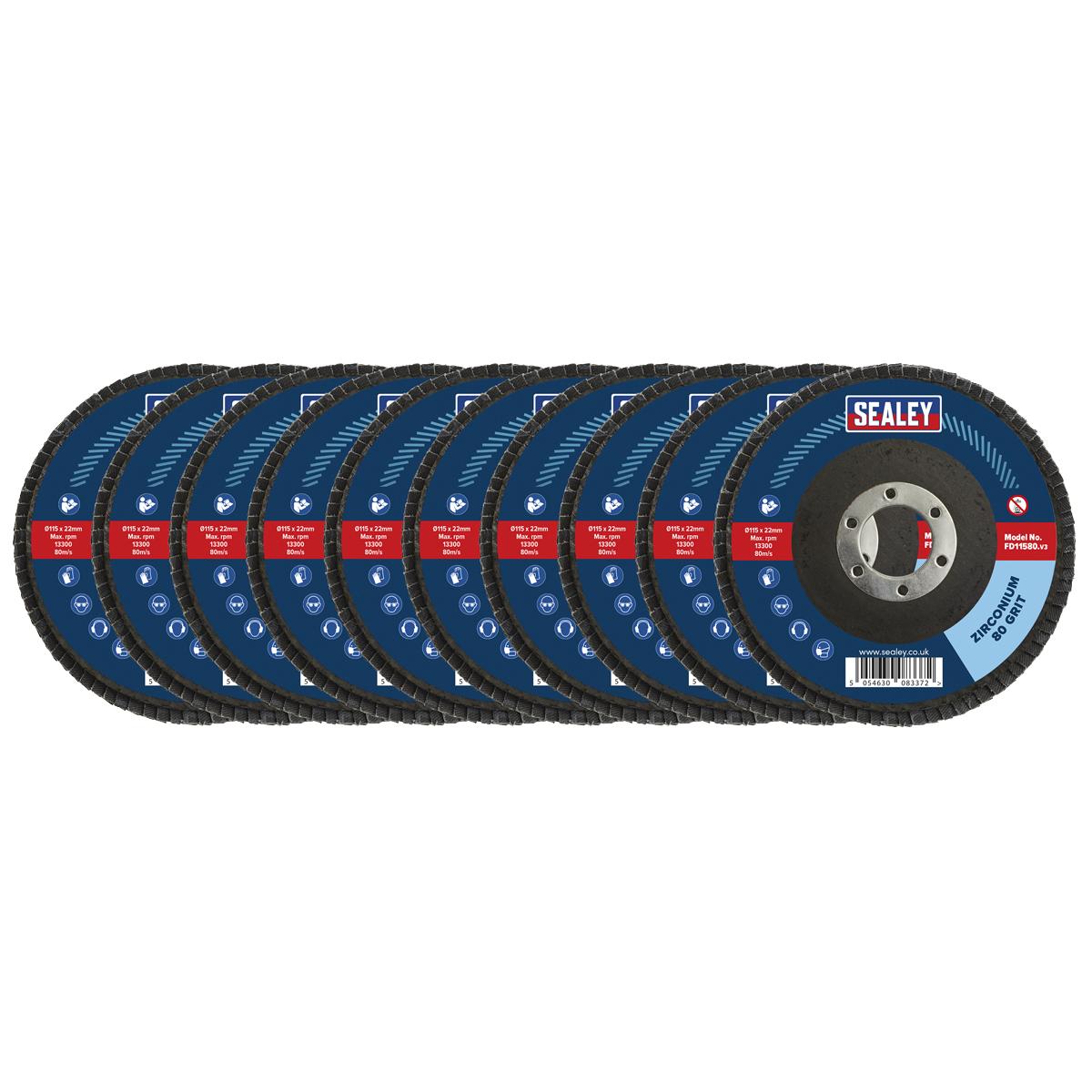 Sealey FD1158010 80Grit Flap Discs Zirconium &oslash;115mm &oslash;22mm Bore - Pack of 10
