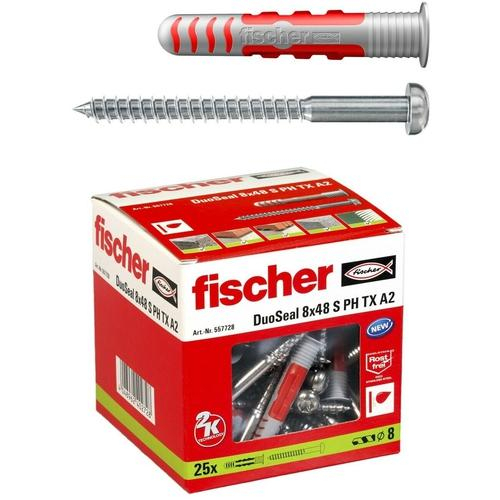 Fischer 557728 DuoSeal Wall Plugs 8mm x 48mm S PH TX A2 (Pack 25 with 25 Panhead sealing Screws)