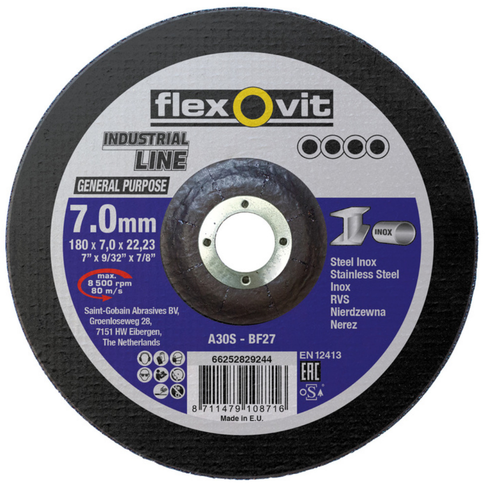 Flexovit 66252829244 A 30 S-BF27 General Purpose Metal Grinding Wheel 180 x 7.0 x 22.23mm (Pack of 10)