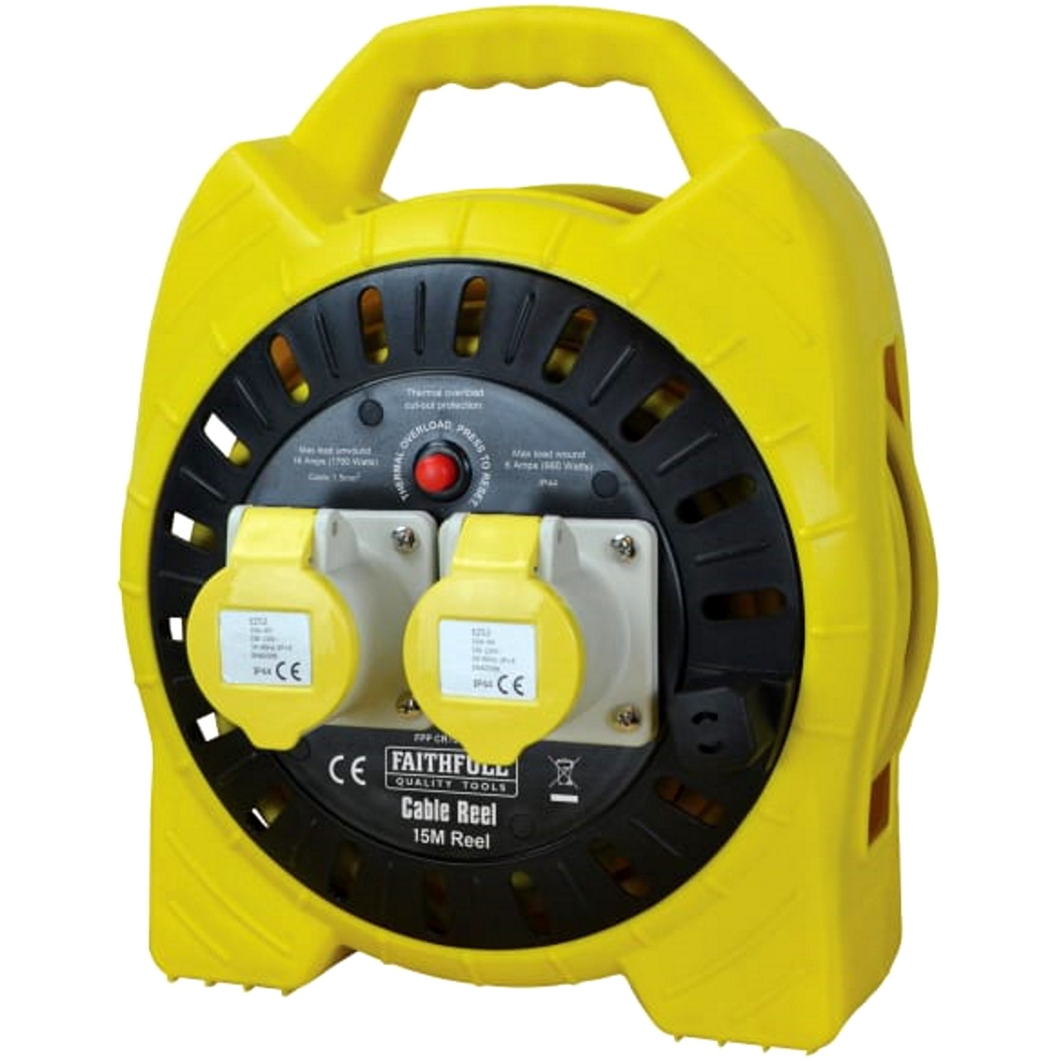 Faithfull FPPCR15MSEL Semi-Enclosed Cable Reel 110V 16A 2-Socket 15m (1.5mm Cable)