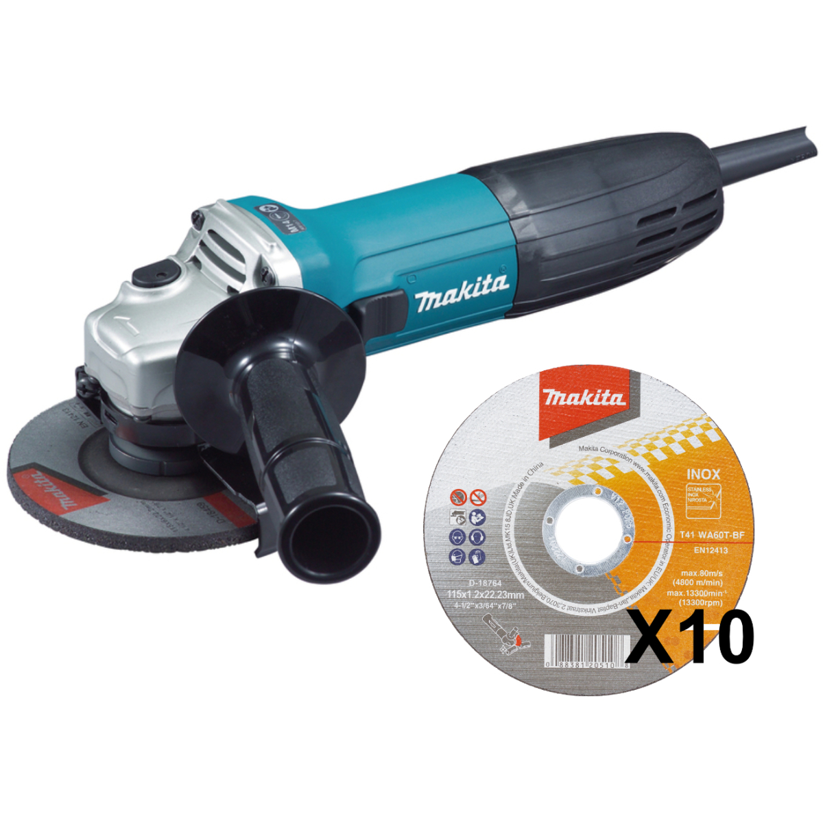 Makita GA4530R 4.1/2" 110V 720W (115mm) Angle Grinder with 10x Makita Inox Thin Cutting Discs