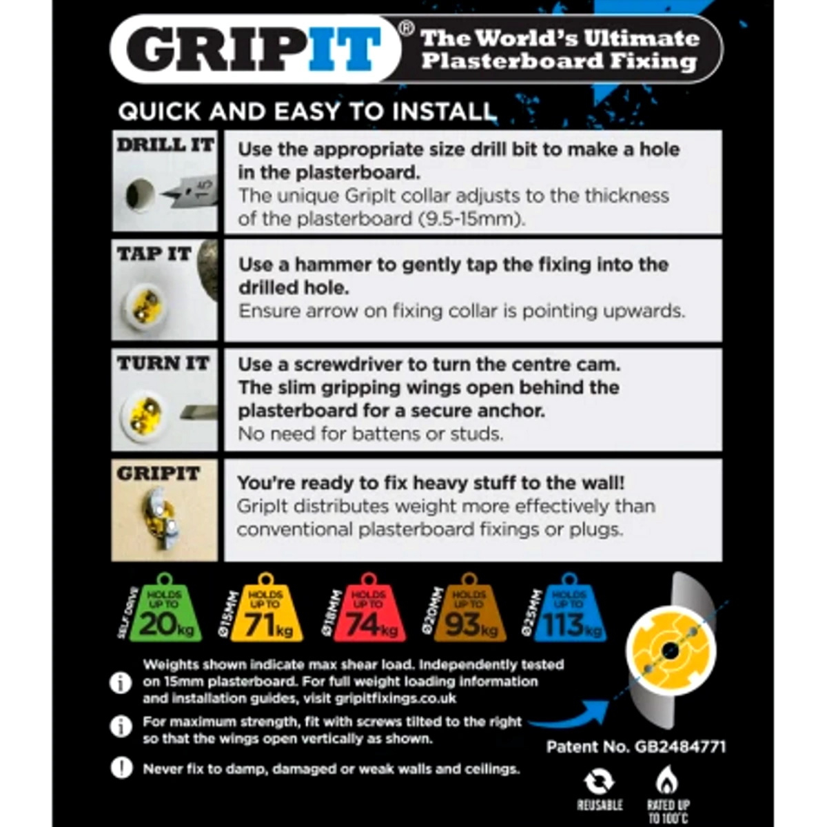 Gripit GP154 Yellow Plasterboard Fixings 15mm (Pack 4) GRP154