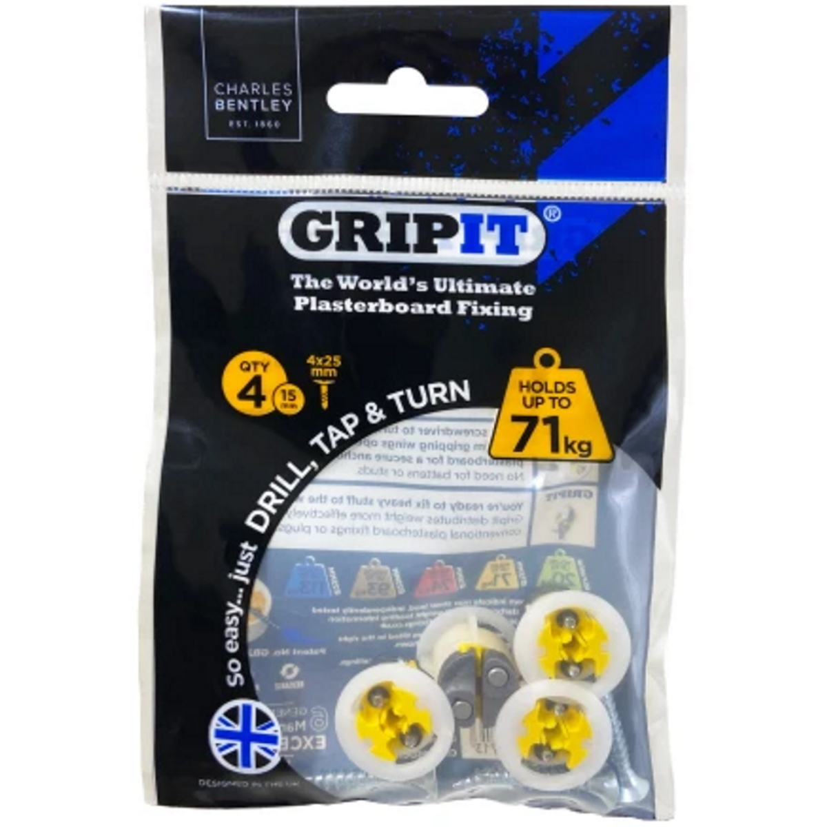Gripit GP154 Yellow Plasterboard Fixings 15mm (Pack 4) GRP154