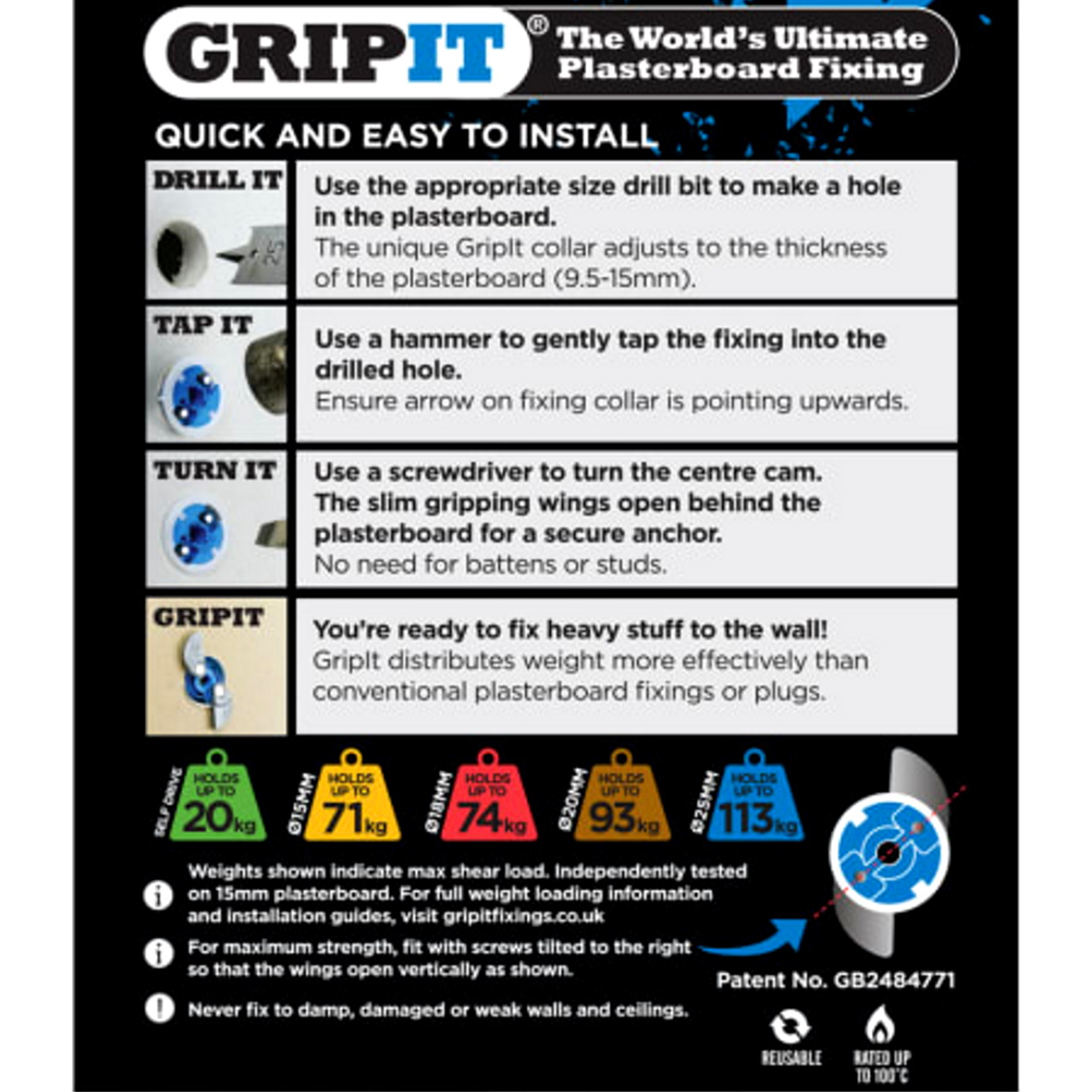 Gripit GP254 Blue Plasterboard Fixings 25mm (Pack of 4) GRP254