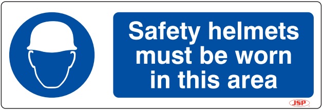 JSP HBJ081-000-000 Rigid Plastic "Safety Helmets Must Be Worn In This Area" Safety Sign 600x200mm