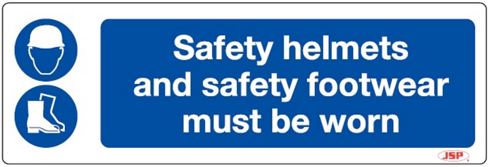 JSP HBJ091-000-000 Rigid Plastic "Safety Helmets and Safety Footwear Must Be Worn" Safety Sign 600x200mm