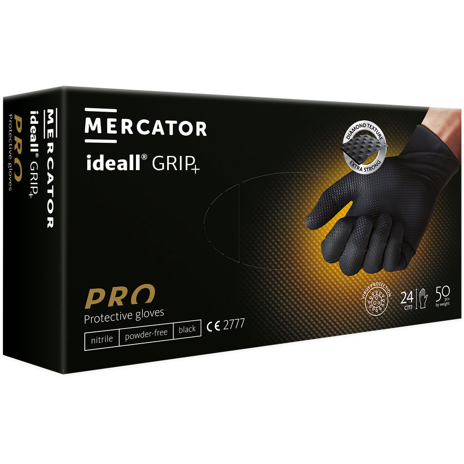 Predator Mercator Ideall GRIP Black Nitrile Gloves Touch Screen Multi-Use Fishscale Style (Box of 50) Powder Free