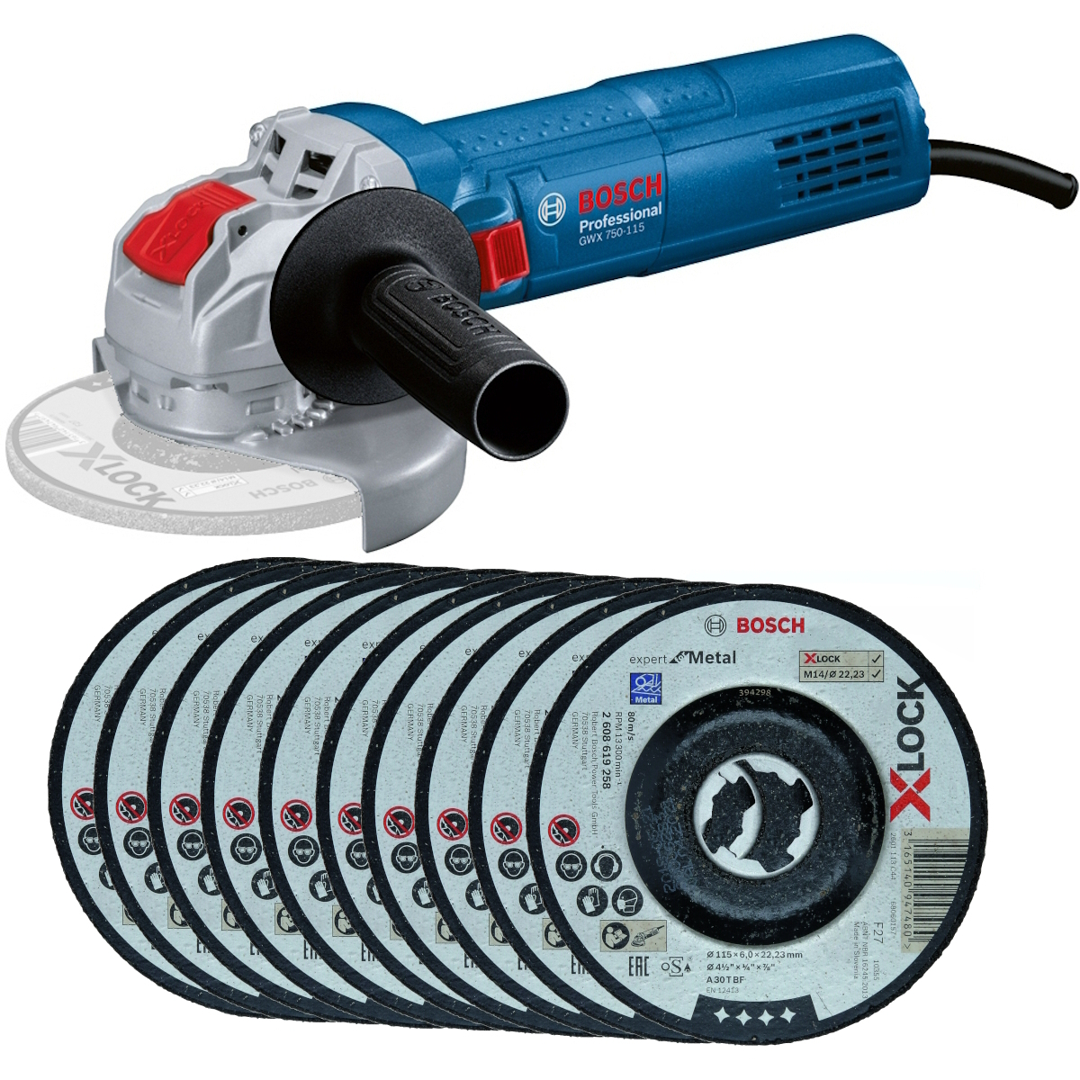Bosch GWX 750-115 230V 750W X-Lock 4½"/115mm Grinder with 10 Extra 115x6mm Grinding Discs