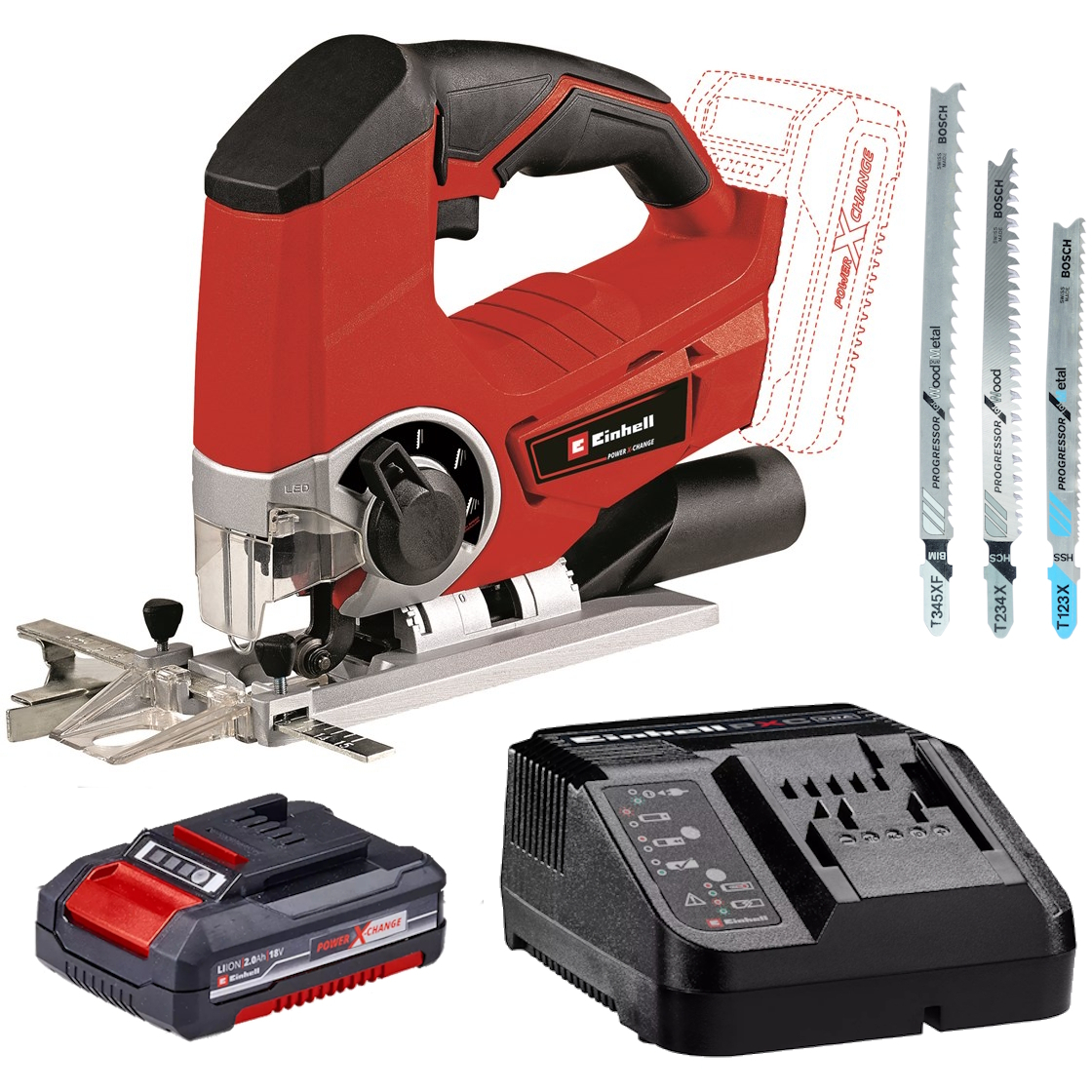 Einhell TE-JS 18 Li 18V Power X-Change 80mm Jigsaw with Charger, 2.0Ah Battery and 3 Blades for Wood, Plastic and Metal