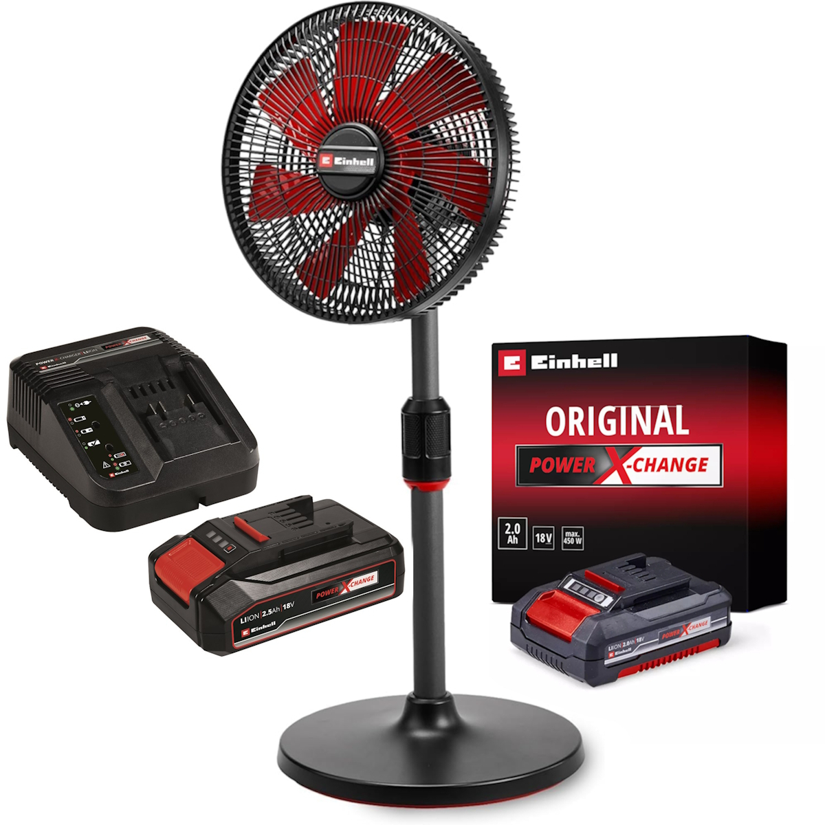 Einhell 3408071 + 4512097 + 4511395 GE-CF 18/320 P Li-Solo 18V Floor Standing Fan with  Charger and 2.5Ah battery PLUS 2.0Ah Power X-Change Battery