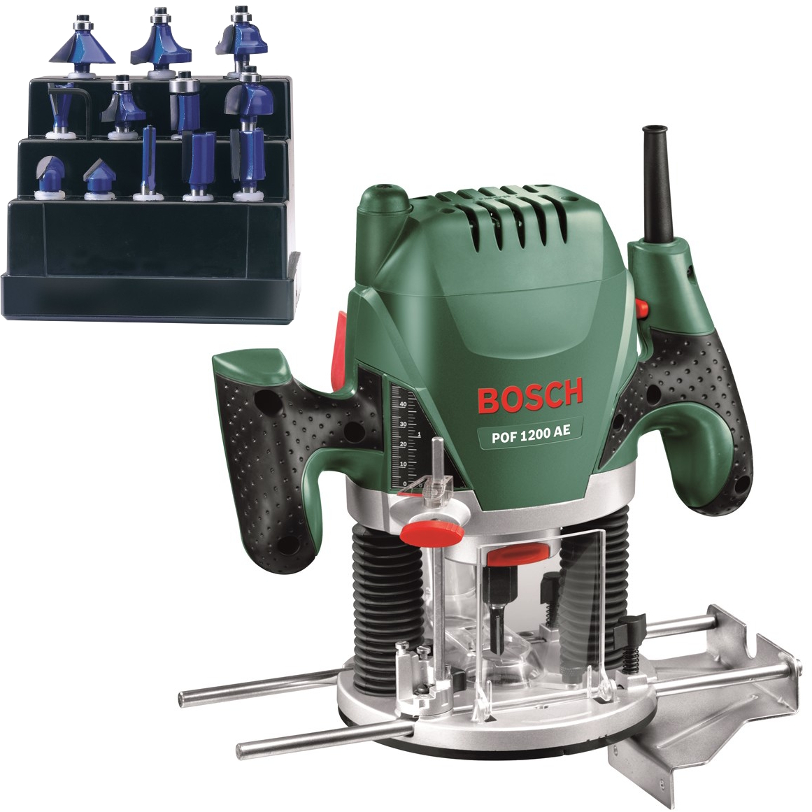Bosch POF1200AE 1200W ¼" & 8mm Plunge Router and DRB12A 12 Piece ¼" TCT Router Bit Set