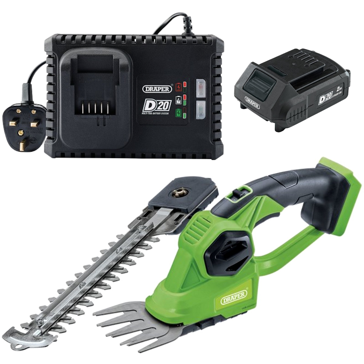 Draper D20G/GST20 D20 20V 2-In-1 Grass and Hedge Trimmer with 2.0Ah Lithium Ion Battery and Fast Charger
