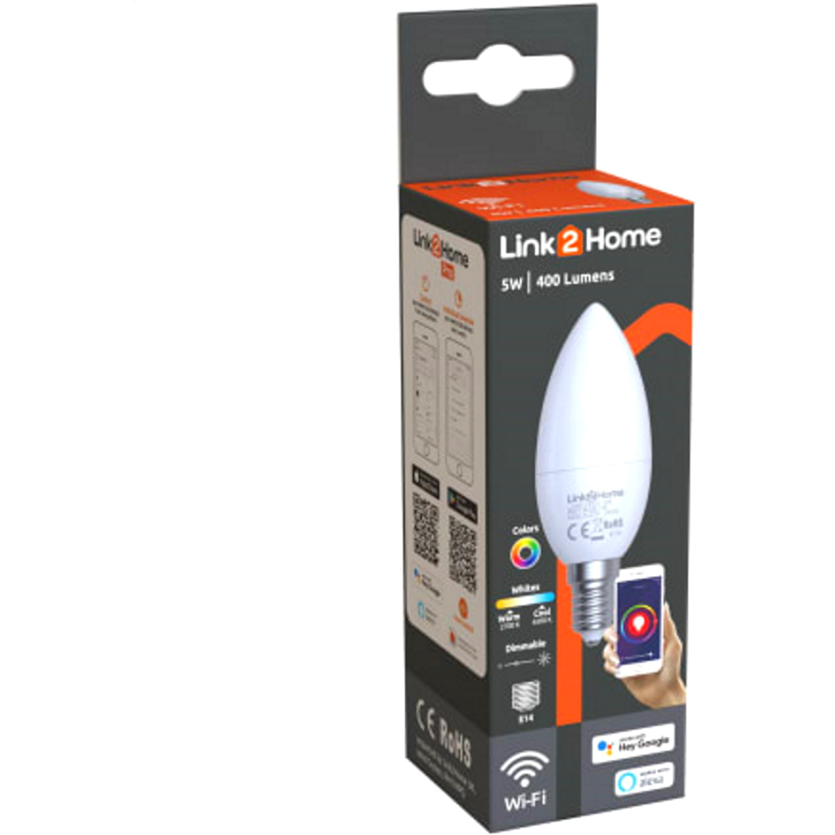 Link2Home L2HE145W Wi-Fi LED SES (E14) Opal Candle Dimmable Bulb, White + RGB 400 lm 5W  LTHE145W