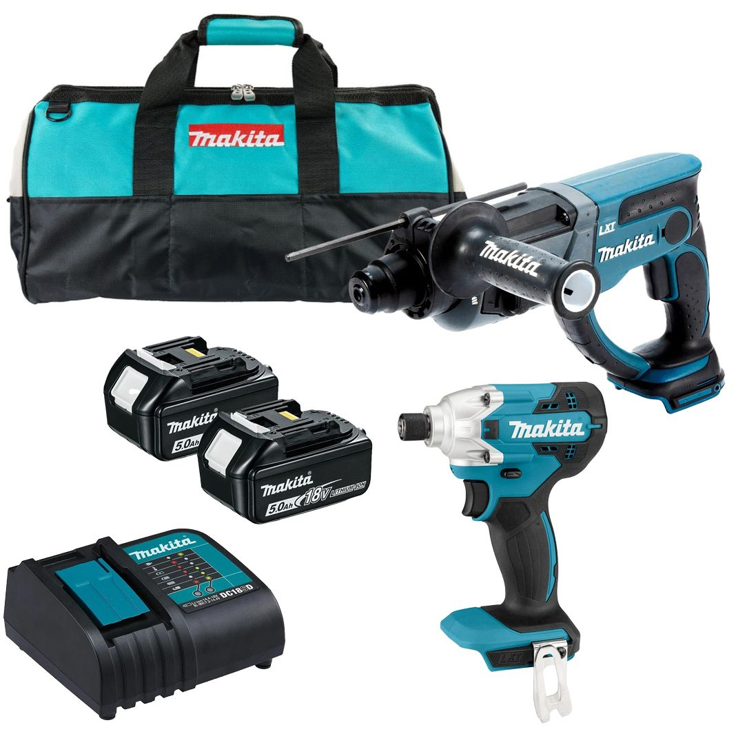 Makita DLX2555TX1 18V LXT Twinkit, SDS Hammer Drill + Impact Driver with 2x5.0Ah Batteries and Charger in Toolbag
