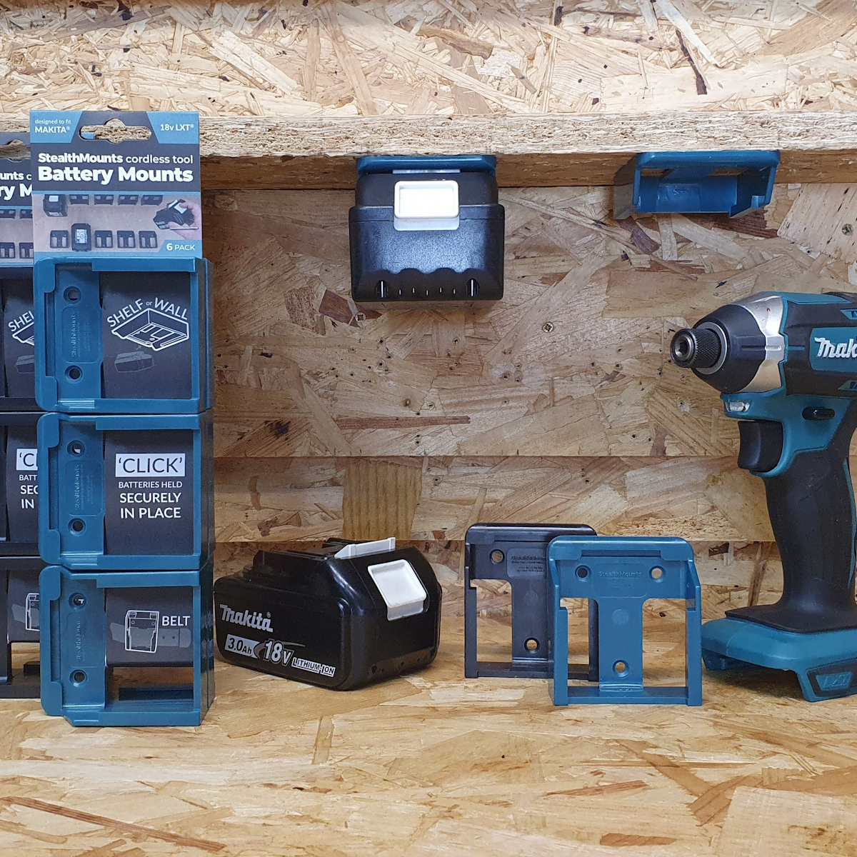 StealthMounts BM-MK18-BLU-6 Blue Battery Mounts for Makita 18V (6 Pack)