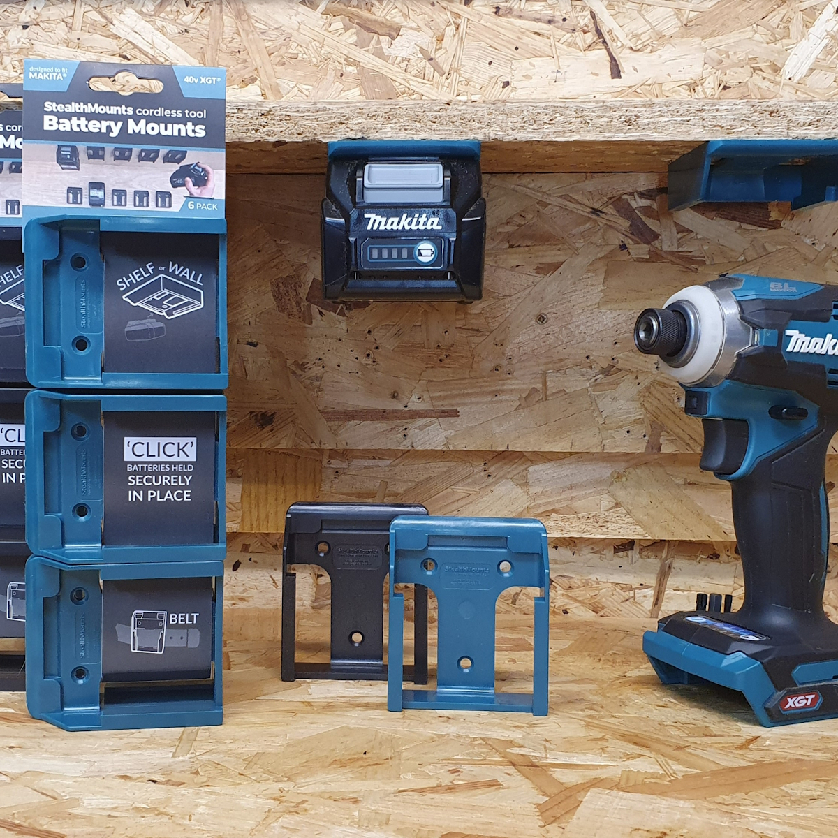 StealthMounts BM-MK40-BLU-6 Blue Battery Mounts for Makita 40V XGT (6 Pack)