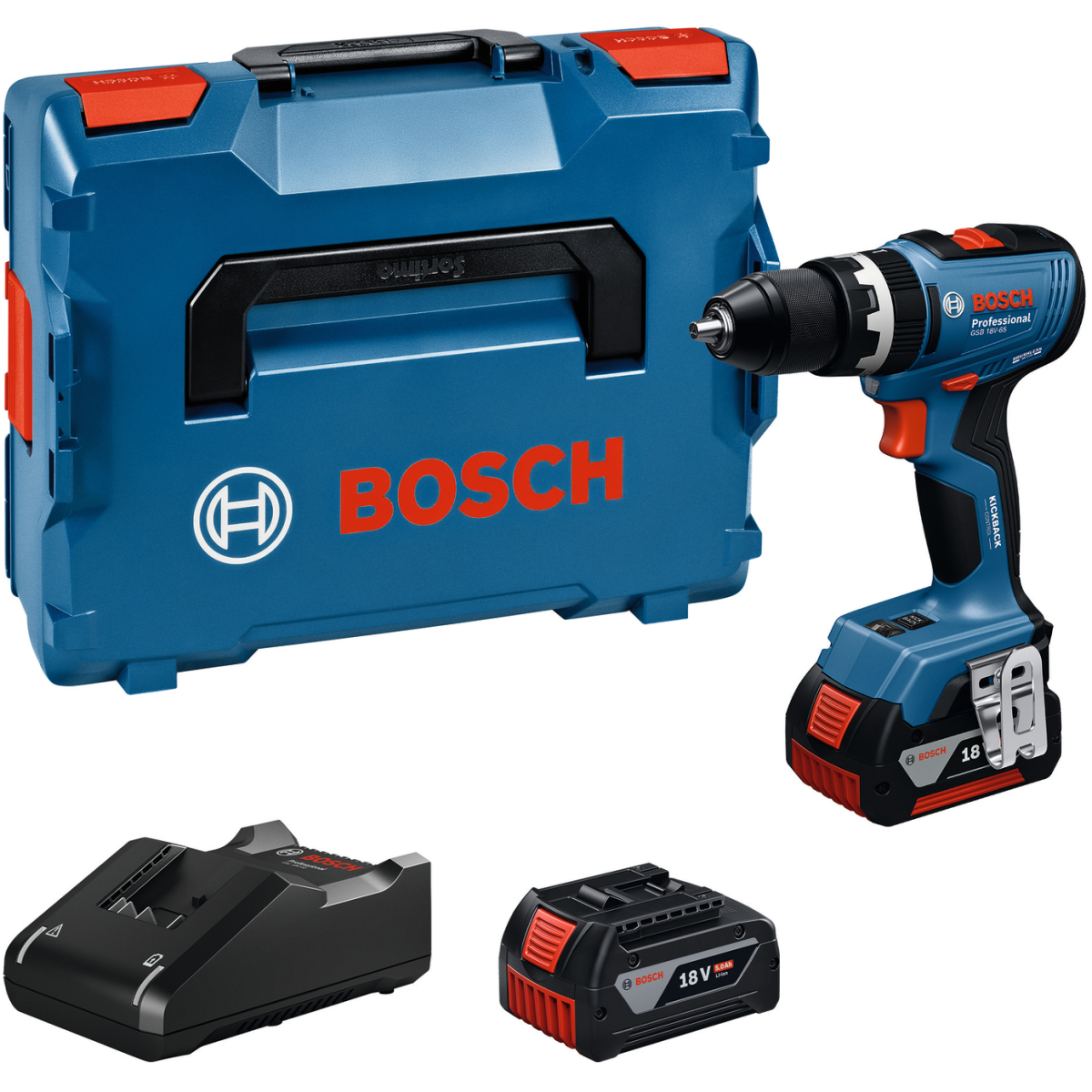 Bosch GSB 18V-65 18V Brushless Combi Drill with 2x GBA 5.0Ah Batteries and GAL 18V-40 Charger in L-Boxx