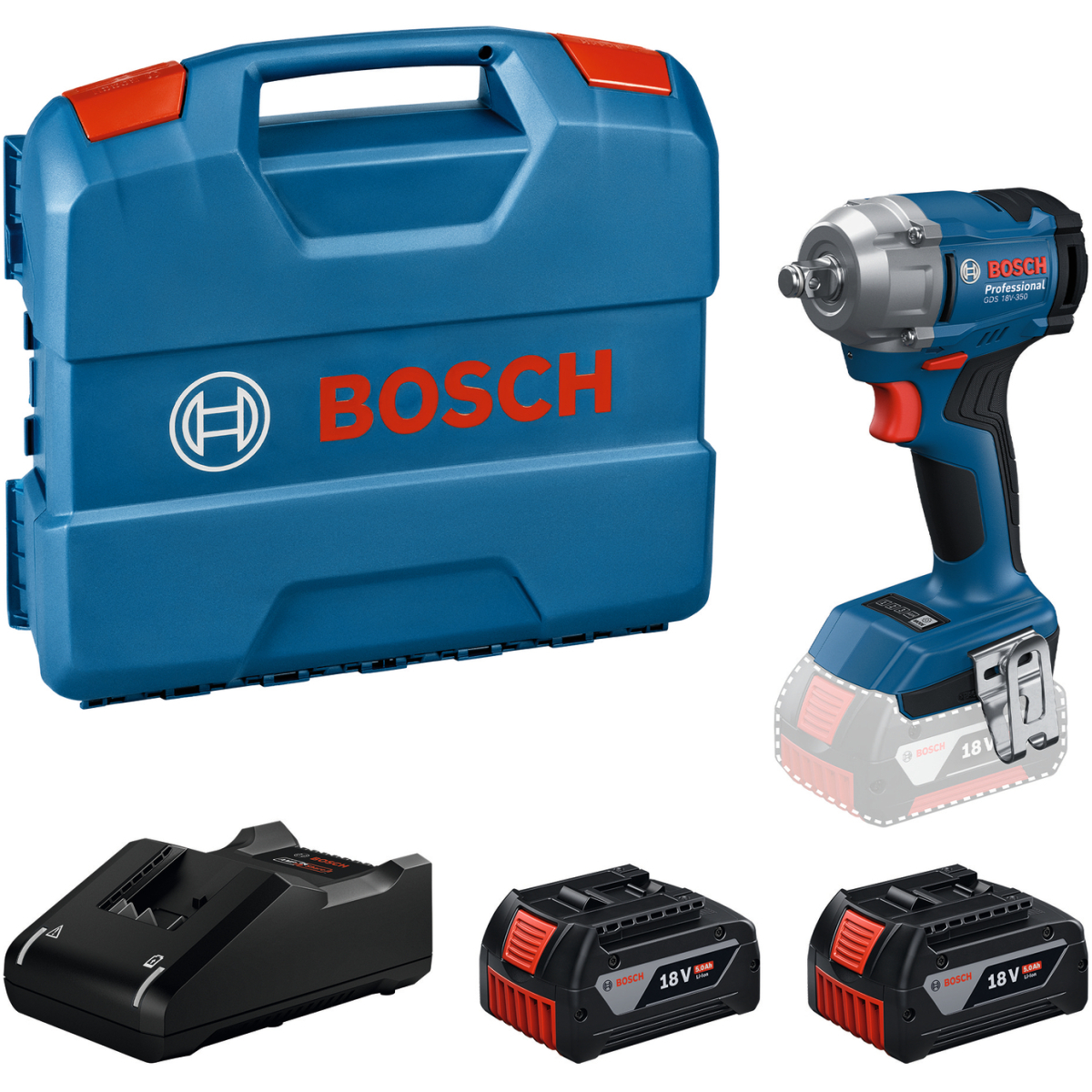 Bosch GDS 18V-350 18v 350Nm Impact Wrench Brushless (2x 5.0Ah GBA, GAL 18V-40) in Case