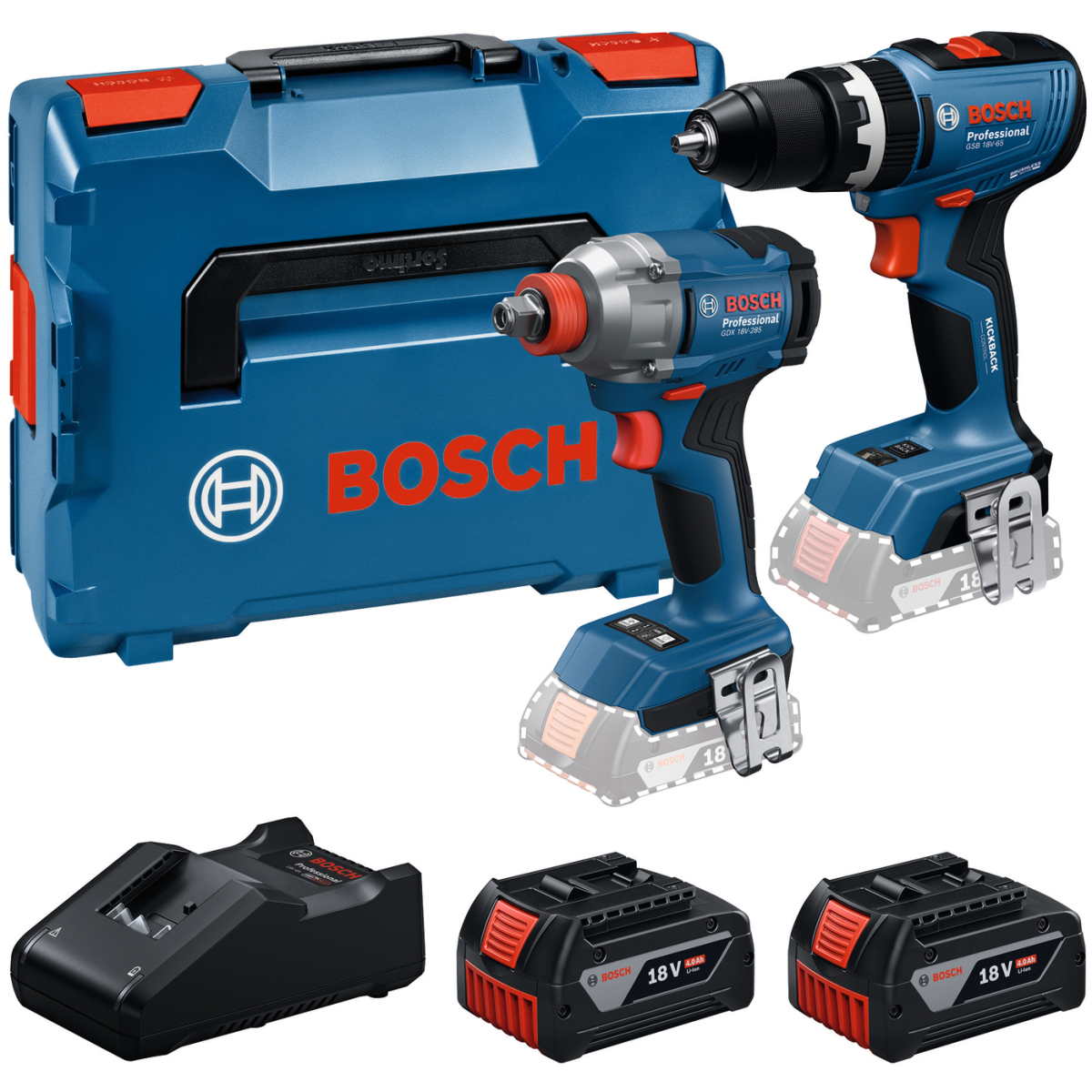 Bosch GSB 18V-65 + GDX 18V-285 18V Combi Drill & Impact Wrench Twin Kit with 2x GBA18V 4.0Ah in L-Boxx