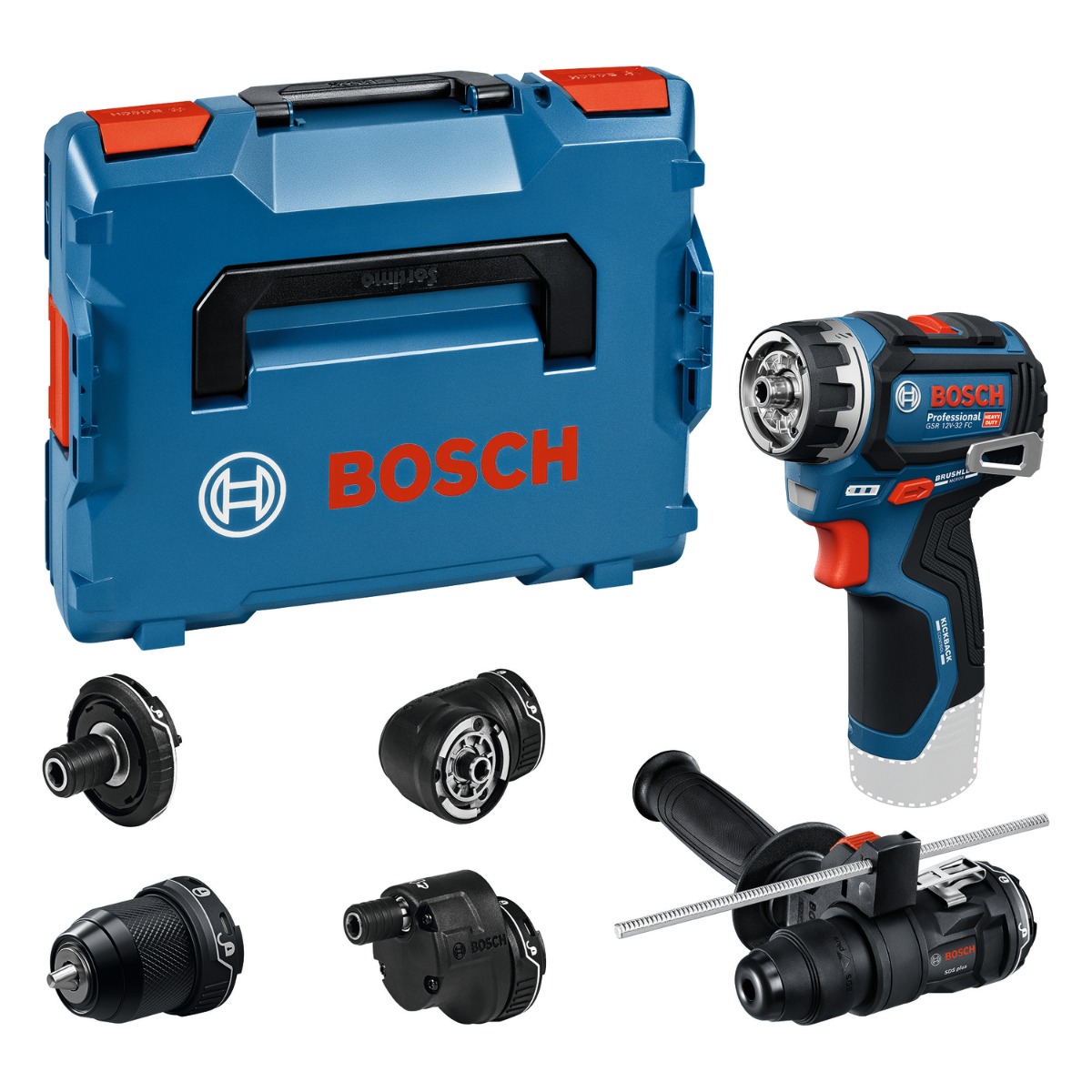 Bosch GSR 12V-32 FC Body Only 12V Drill Driver with GFA 12-M, GFA 12-X, GFA 12-E, GFA 12-W, GFA 12-H in L-Boxx