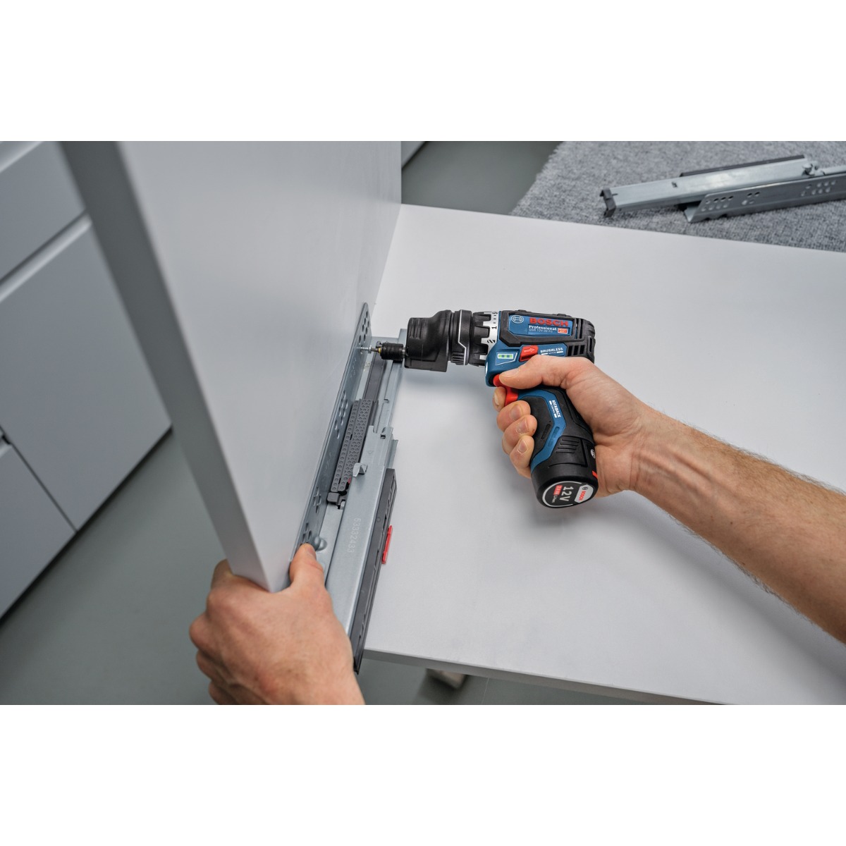 Bosch GSR 12V-32 FC Body Only 12V Drill Driver with GFA 12-M, GFA 12-X, GFA 12-E, GFA 12-W, GFA 12-H in L-Boxx