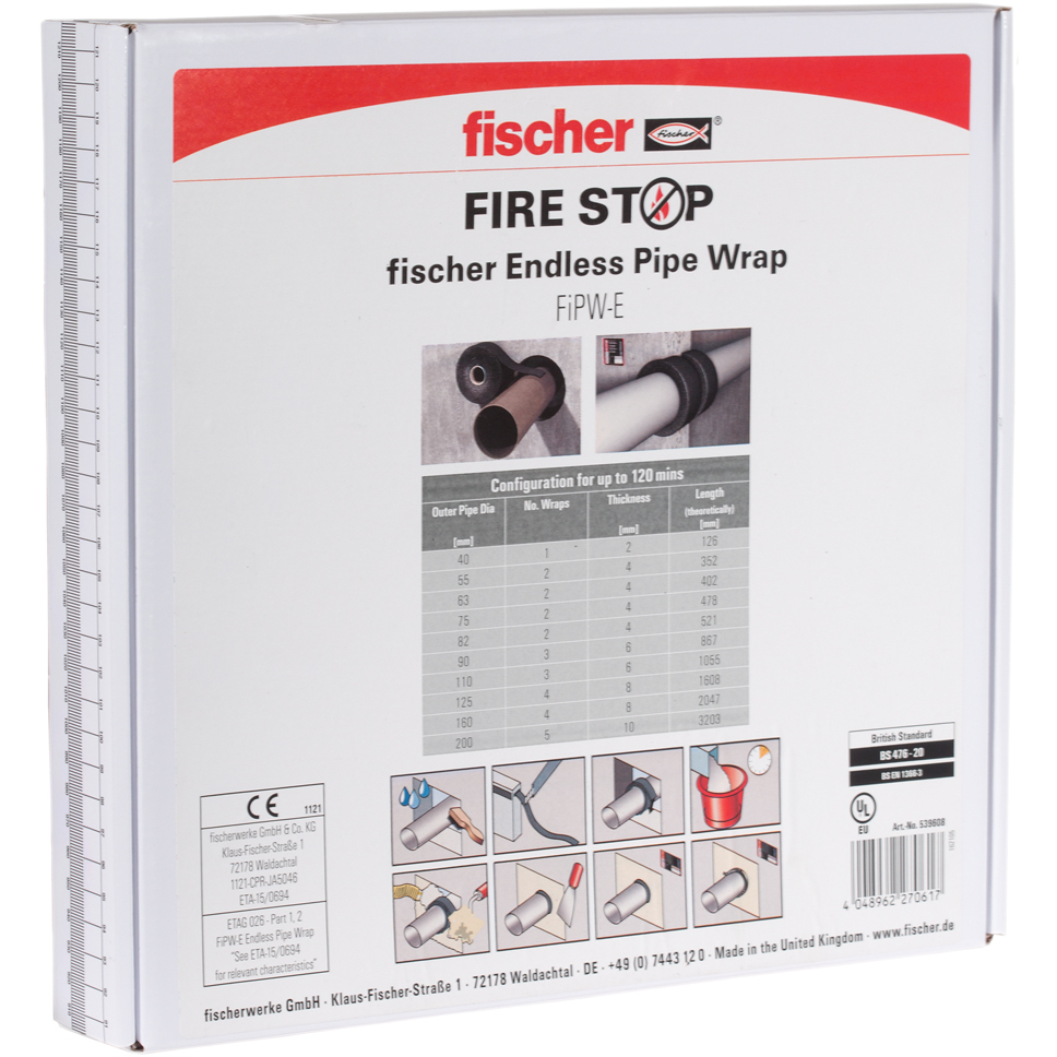 Fischer 539608 Intumescent Pipe Wraps FiPW E/2mm 25 x Metre Roll in Ruler Box