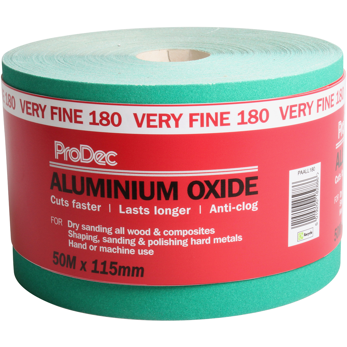 ProDec PAALL180 Green Aluminium Oxide Sanding Paper Roll 115mm x 50m 180G Very Fine