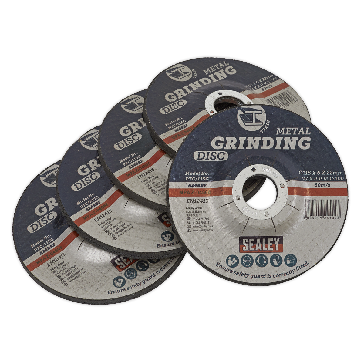 Sealey PTC/115G5 Grinding Disc &oslash;115 x 6mm &oslash;22mm Bore - Pack of 5