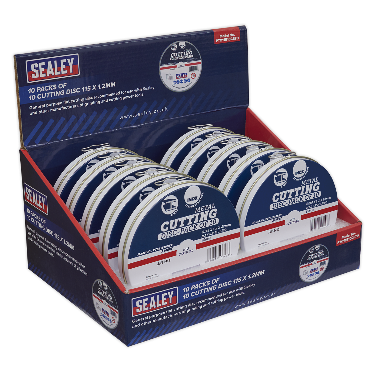 Sealey PTC11510CETD Cutting Disc 115 x 1.2mm Countertop Display Box 10 Packs of 10