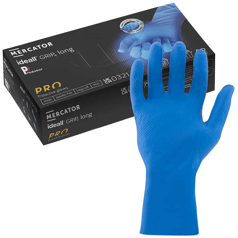 Predator PRED GRIP Ideall Extra Long Nitrile Gloves Fishscale Style (Box of 50) Powder Free Royal 