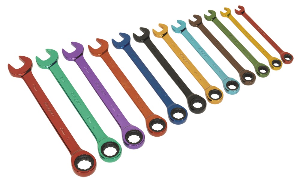 Sealey S01075 Ratchet Combination Spanner Set 12pc Multi-Coloured Metric