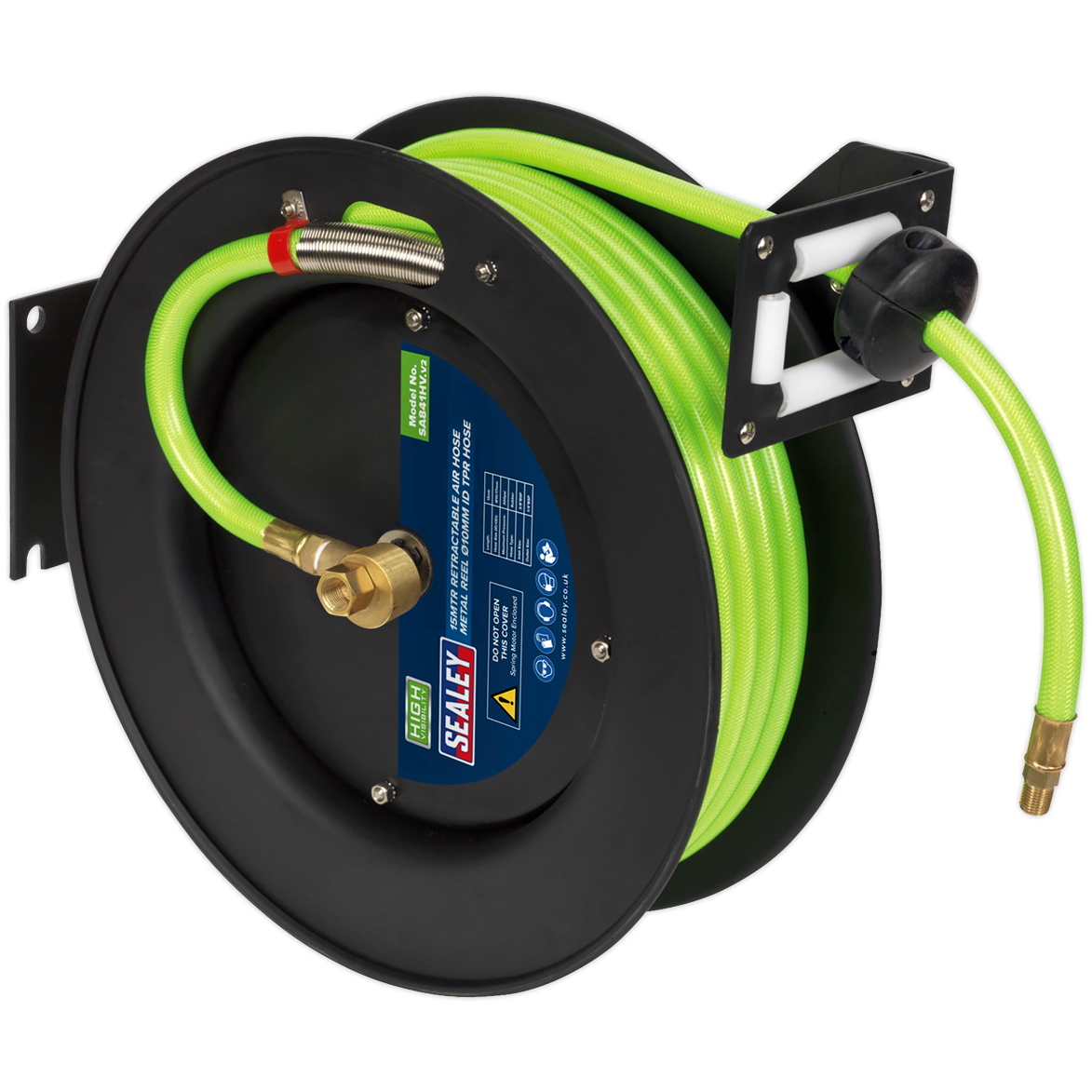 Sealey SA841HV Retractable Air Hose Metal Reel 15mtr &oslash;10mm ID High Visibility TPR Hose