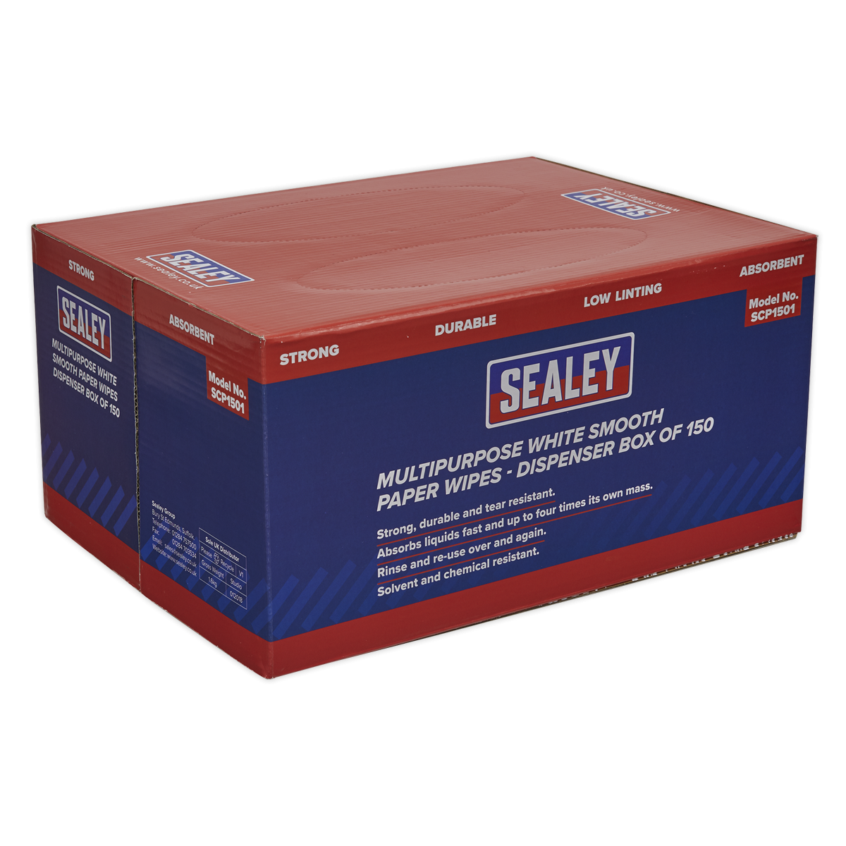 Sealey SCP1501 Multipurpose Paper Wipes in Dispenser Box - Smooth White 73gsm 150 Sheets