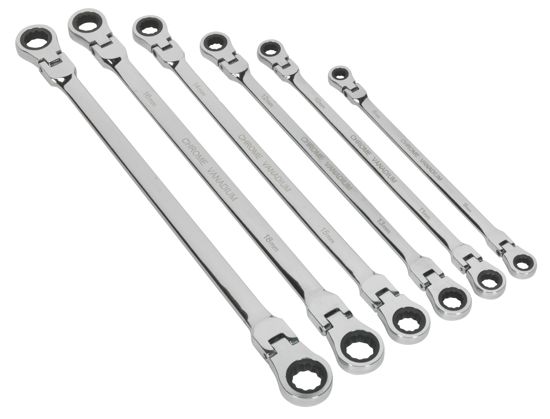 Sealey AK63832 Flexi-Head Double End Ratchet Ring Spanner Set 6 Piece Extra-Long Metric
