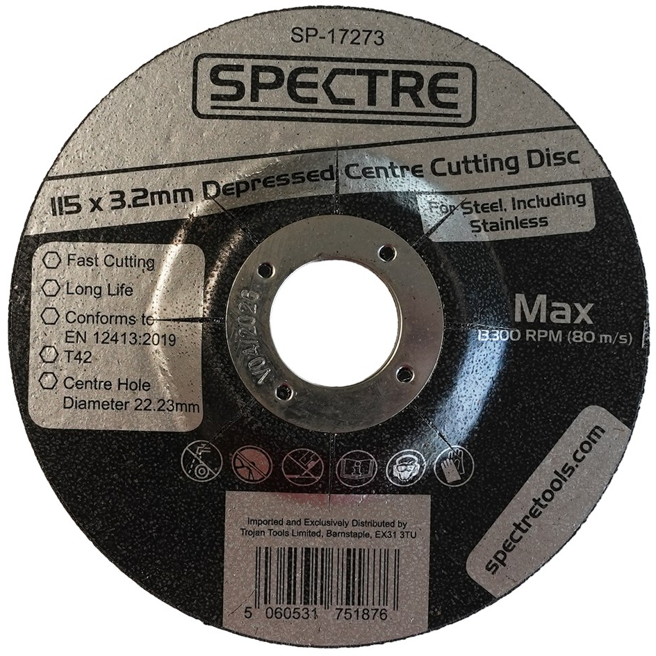 Spectre SP-17273 115mm x 3.2mm (4½" x ⅛") Industrial Quality Metal Cutting Disc DPC
