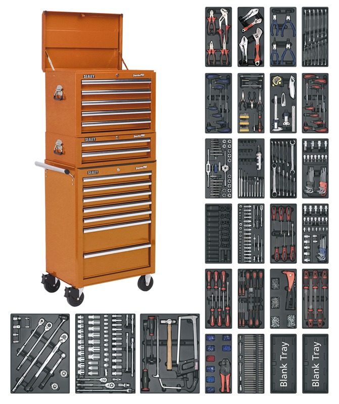 Sealey SPTOCOMBO1 Tool Chest Combination 14 Drawer with Ball Bearing Runners - Orange & 1179pc Tool Kit