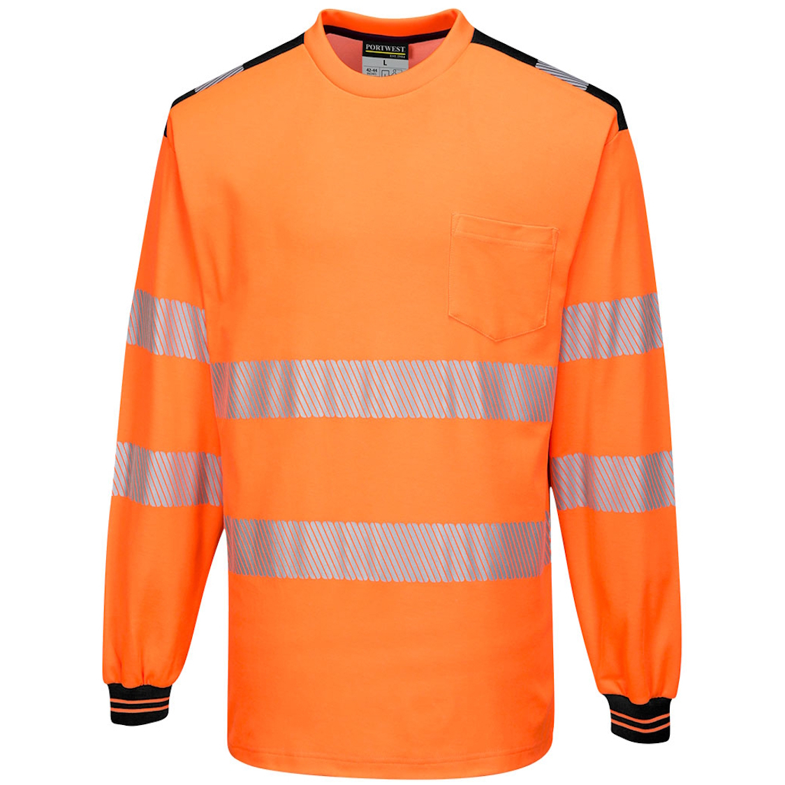 Portwest T185 PW3 Hi-Vis T-Shirt Long Sleeve - Portwest Chest L (42"-44")-Orange/Black