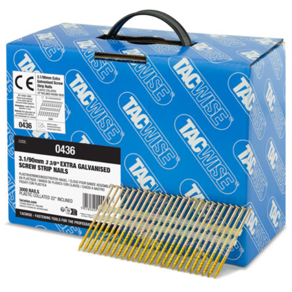 Tacwise 0436 3.1mm x 90mm Round Head Plastic Collated 22° Screw Shank Framing Nails, Galvanised, BOX 3000