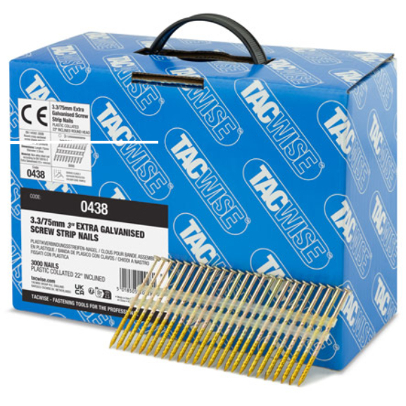 Tacwise 0438 3.3mm x 75mm Round Head Plastic Collated 22° Screw Shank Framing Nails, Galvanised, BOX 3000