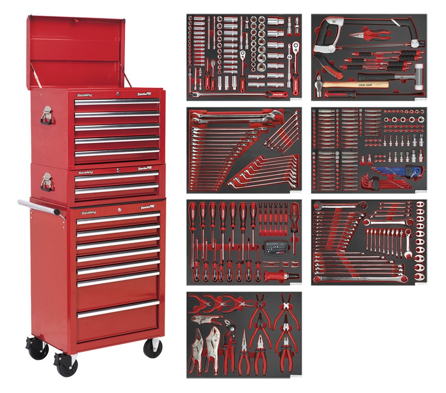Sealey TBTPCOMBO1 Tool Chest Combination 14 Drawer with Ball Bearing Runners - Red & 446pc Tool Kit