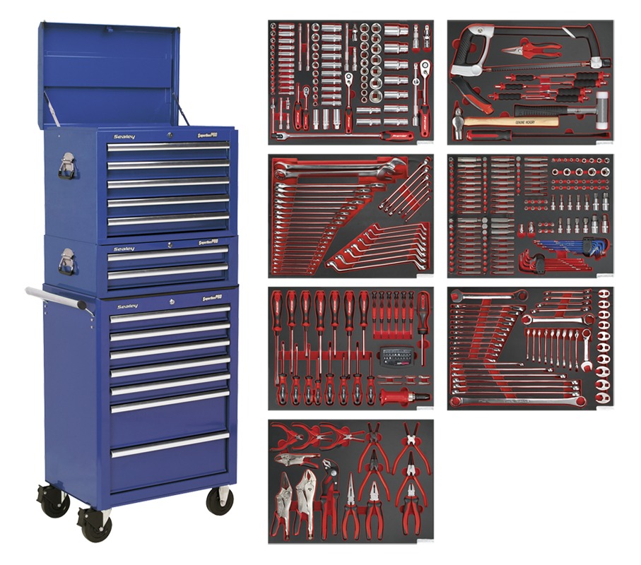 Sealey TBTPCOMBO5 Tool Chest Combination 14 Drawer with Ball Bearing Runners - Blue & 446pc Tool Kit