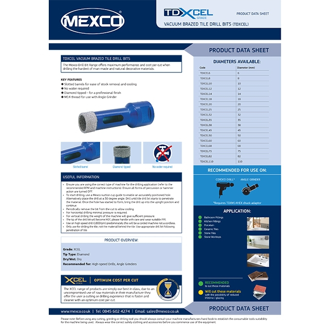 Mexco TDXCEL18 18mm Vacuum Brazed Drill Bit XCEL Grade