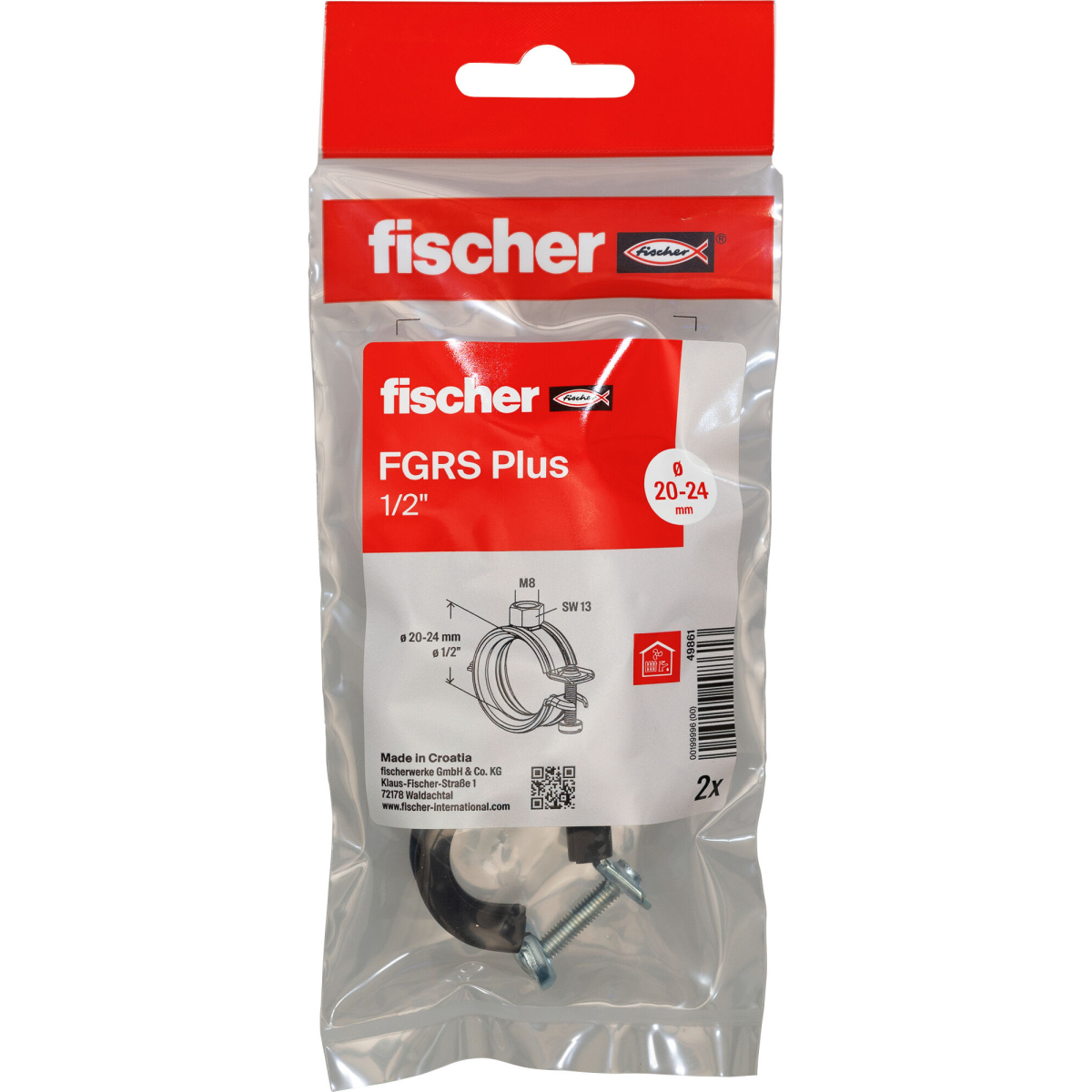 Fischer 49861 Hinged pipe clamp FGRS Plus 1/2" B  Pack x 2