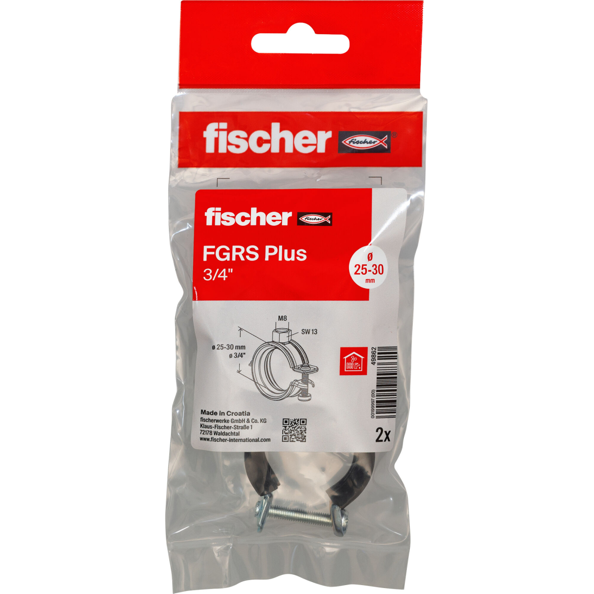 Fischer 49862 Hinged pipe clamp FGRS Plus 3/4" B  Pack x 2