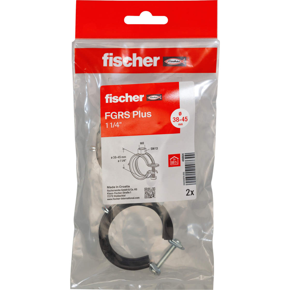 Fischer 49864 Hinged pipe clamp FGRS Plus 1 1/4" B Pack x 2