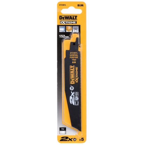 DeWalt DT2301L-QZ 152mm EXTREME Bi-Metal Reciprocating Saw Blade - For Rough Cutting of Wood With Nails Pack x 5
