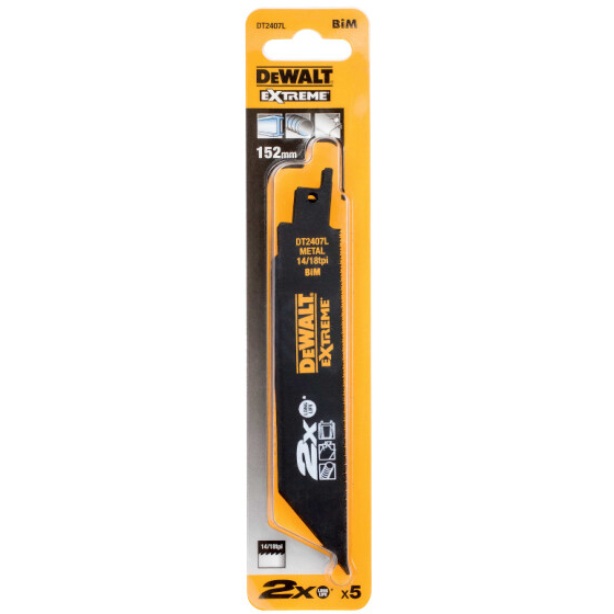 DeWalt DT2407L-QZ EXTREME® 2X Long Life Reciprocating  Saw Blade - Metal 152mm (6") 14/18TPI Metal Pack x 5