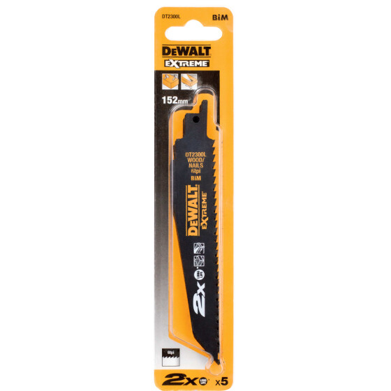 DeWalt DT2300L-QZ 152mm EXTREME Bi-Metal Reciprocating Saw Blades - For Rough Cutting of Wood With Nails Pack x 5